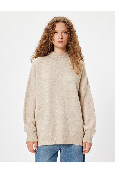 Koton Triko Tunik Kazak Oversize Dik Yaka Cep Detaylı Uzun Kollu