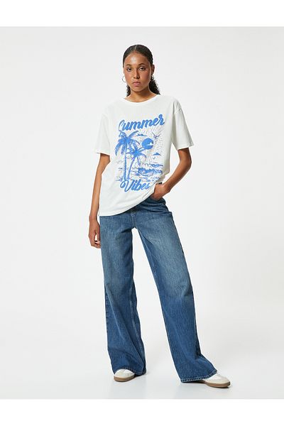 Koton Cotton Oversize T-Shirt - Slogan Print, Crew Neck, Short Sleeve