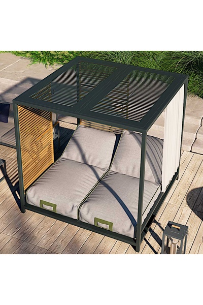 SCY Hard Bahçe Koltuğu Izgara Detaylı Divan Havuz Plaj Yatağı Şezlong Siyah Alüminyum Modern Daybed