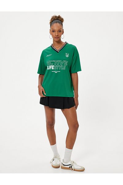 Koton Tricou cu decolteu în V, oversize, cu mânecă scurtă, imprimat pentru colegiu