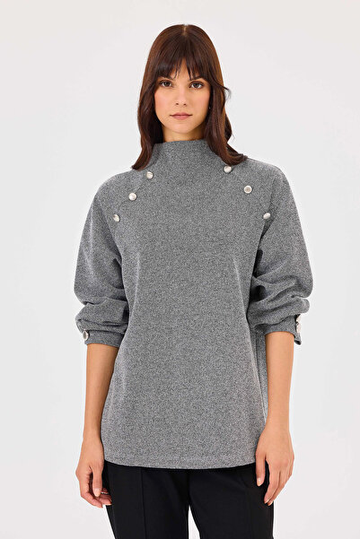 SEÇİL Gray Stand Collar and Button Detailed Selçil Women's Sweatshirt 1011