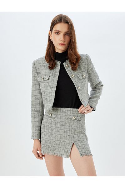 Koton A-Line Tweed Mini Skirt with Tassel and Slit Detail