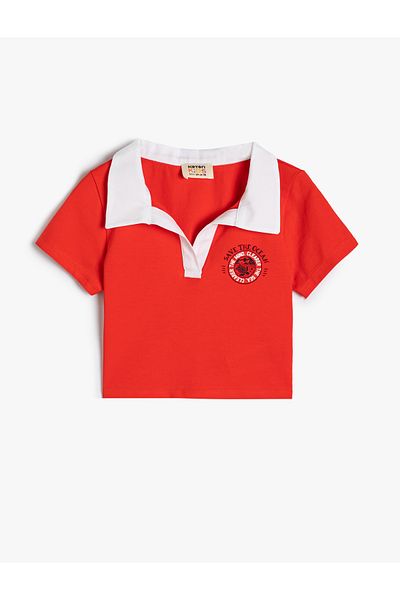Koton Cotton Polo Collar T-Shirt - Print Detail, Short Sleeve, Color Block