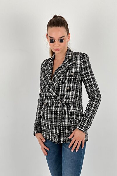 Miss Poem Women's Casual Office Style Plaid Polo Neck Long Black Jacket