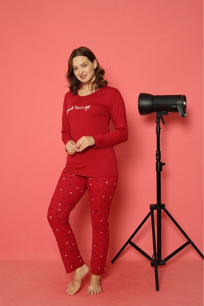 Temporium Women's Printed Patterned Long Sleeve Milan Fabric Bamboo Pajamas Set