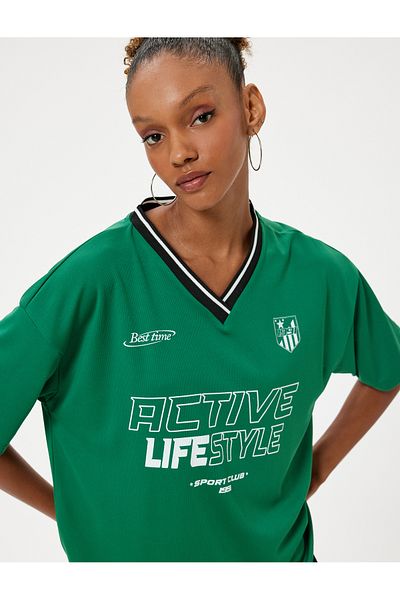 Koton Tricou cu decolteu în V, oversize, cu mânecă scurtă, imprimat pentru colegiu