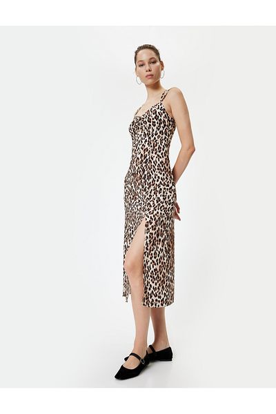 Koton Μίντι Φόρεμα Leopard Print - Strappy, Slit, Degaje Collar, Slim Fit