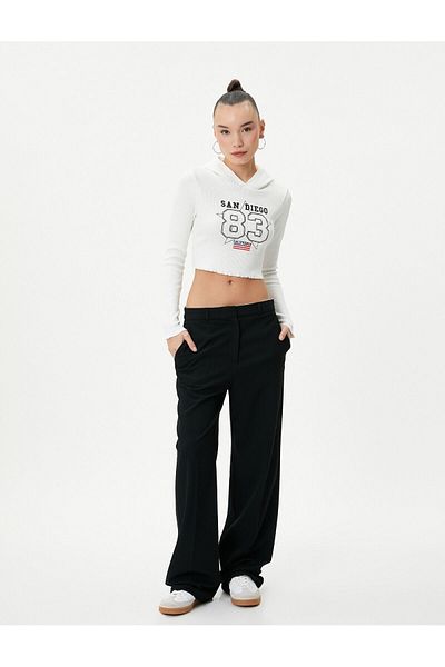 Koton Cotton Ultra Crop Hooded T-Shirt - Printed, Long Sleeve, Ribbed