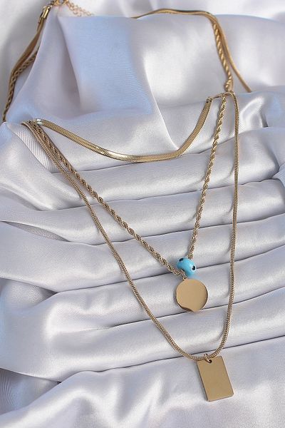 Moka Shopin Mokashopin 316L Steel Gold Color 3-Piece Chain Model Plate Figure Women's Necklace