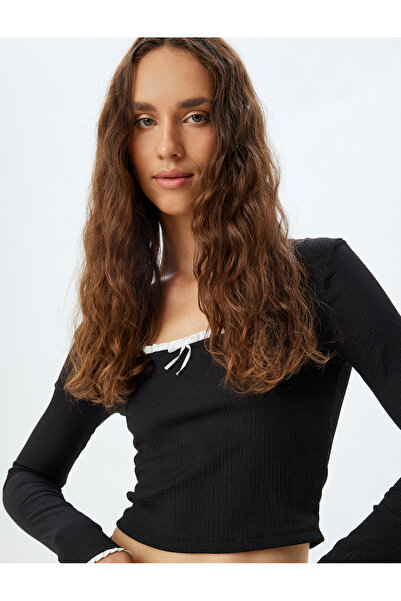 Koton Tricou Crop Mânecă Lungă Fundă Slim Fit Gât pătrat