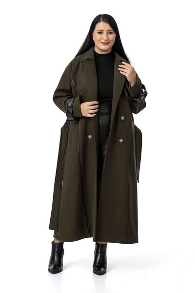 DISENTIS MODEST Palton lung kaki, căptușit, cu curea, buzunare, detalii din p...