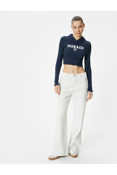Koton Crop Hooded T-shirt Long Sleeve Printed Ribbed Cotton