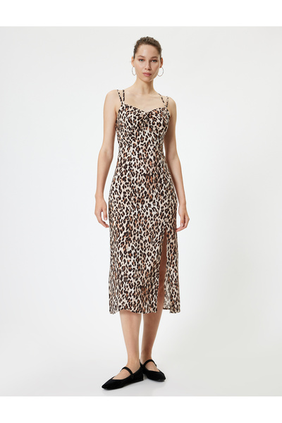 Koton Midi Elbise Askılı Leopar Desenli Yırtmaçlı Degaje Yaka Slim Fit