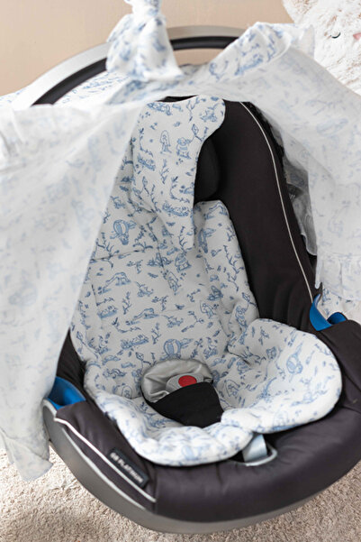 Atelier Babbi 100% Cotton Stroller Cushion - Toile De Jouy / Blue