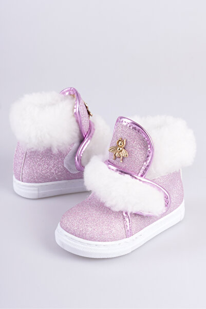 CAMOLLA Pembe Simli Kürklü Arı Detaylı Cırtlı Kaymaz Taban Kız Çocuk Bot