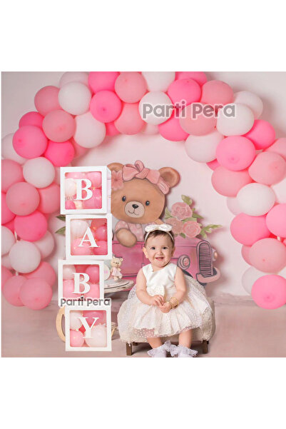 GOLDCENTER Pembe Beyaz Makaron Balon Zincir Seti Baby Harfli Şeffaf Balon Kutusu