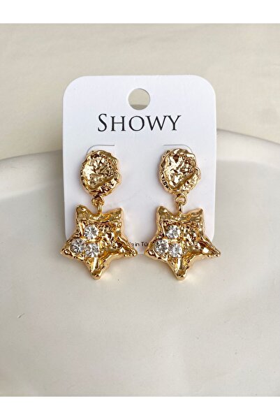 DEMOKAN Kadın Küpe Yoğun Dokulu Yuvarlak Sallantı Yıldız Küpe