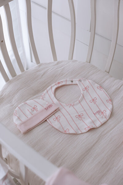 Atelier Babbi 100% Cotton Newborn Bib & Hat Set - Ribbon / Pink