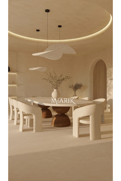 MIARIK DESIGN & DEKORASYON 2 Ahşap Bogum Ayakli Traverten Tabla Mermer Yemek Masası