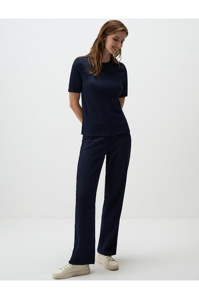 Jimmy Key Navy Blue High Waist Wide Leg Relaxed Fit Patterned Knitted Trousers
