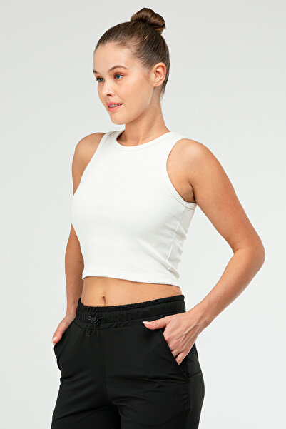 speedlife Ecru Slim Fit Cotton Open Collar Crop Top Camisole Women's T-Shirt Sf0751