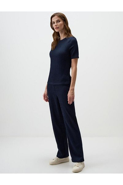 Jimmy Key Navy Blue High Waist Wide Leg Relaxed Fit Patterned Knitted Trousers