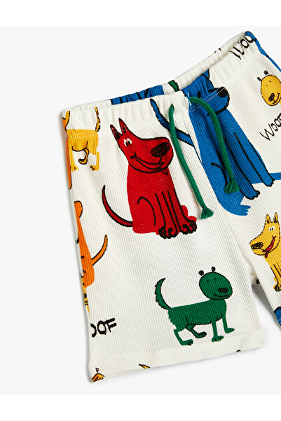 Koton Şort Köpek Baskılı Dokulu Beli Bağlamalı Pamuklu