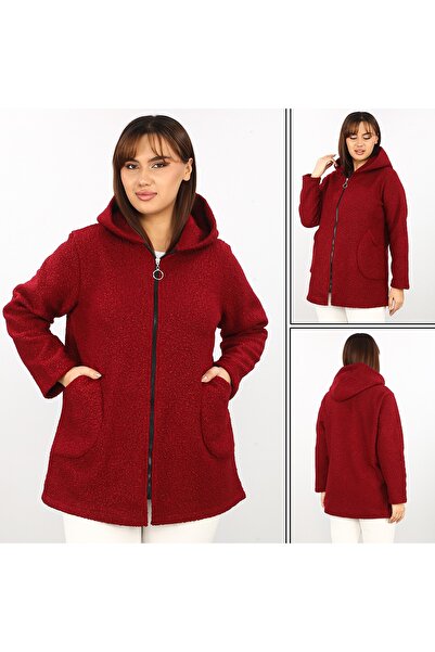 NUR TEKSTİL kadın bordo önden fermuarlı kapşonlu  cepli   italyan buklet  boy...