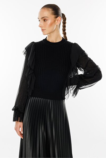 Moda İlgi Μαύρη πλεκτή μπλούζα - Modailgi, μανίκια από σιφόν τούλι