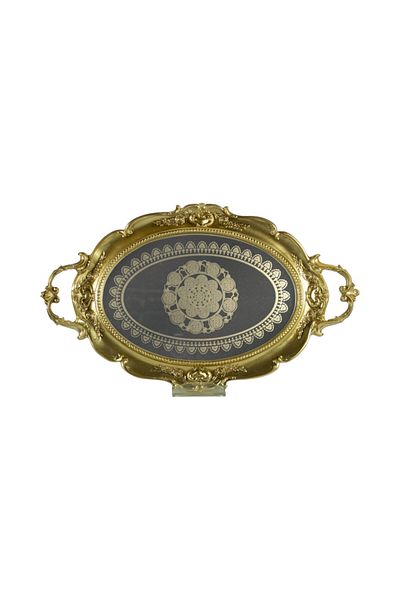 GİTTİGİTTİ Gold Colored Polyester Patterned Oval Epoxy Glass Tray
