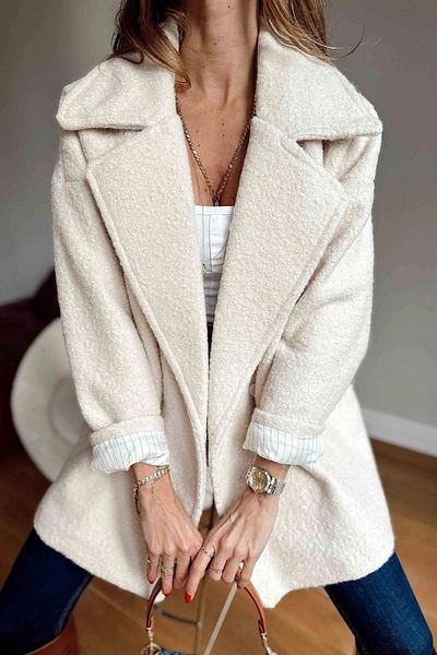 Suzi butik Ecru Color Boucle Textured Oversize Standardní velikost Podšívaný dvouřadý krátký kabát 9243