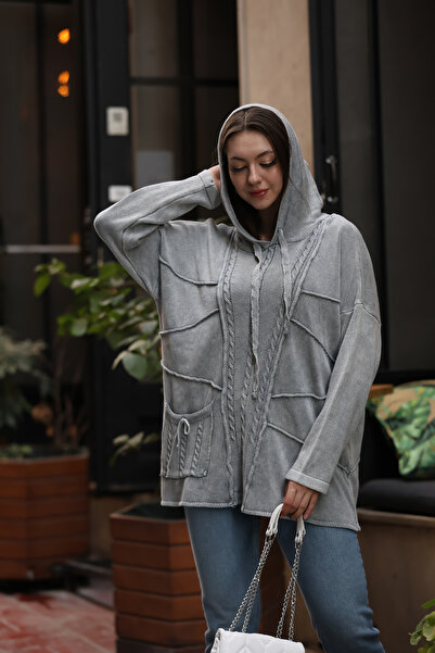 AYASOFYA OTANTIK Women's Gray Hooded Patterned Distressed Oversize Loose Cotton Knitwear Blouse Pullover Tunic