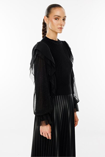 Moda İlgi Μαύρη πλεκτή μπλούζα - Modailgi, μανίκια από σιφόν τούλι