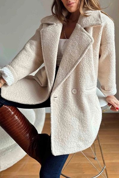 Suzi butik Ecru Color Boucle Textured Oversize Standardní velikost Podšívaný dvouřadý krátký kabát 9243