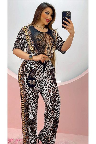 Kokostrendi Sf Wide Leg Leopard Crystal Stone Tracksuit Set - Brown