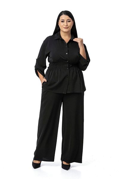 DISENTIS MODEST Pantaloni cămașă cu șnur cu talie elastică de mărime mare Set negru din două piese