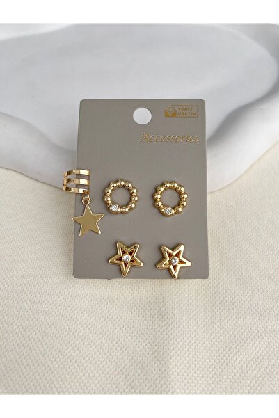 DEMOKAN Women's Earrings Round Stone Detail Star Model Earrings
