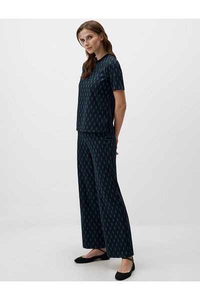 Jimmy Key Navy Blue High Waisted Knitted Trousers with Wide Leg Pattern