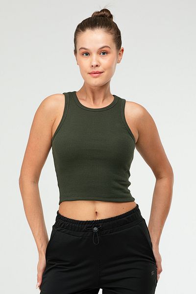 speedlife Kaki Slim Fit Bumbac Guler Deschis Crop Top Camisole Tricou Femei Sf0751