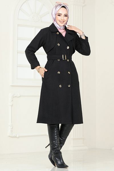 ModaMerve Black Stamp Coat - Bolero Detailed, Model 2054Bgs895-M