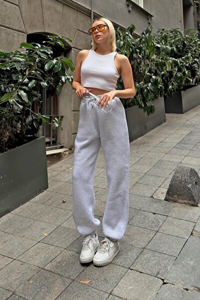 Swist Gray Pawis High Waist Women's Sweatpants with Elastic Legs and Ribbon Inside