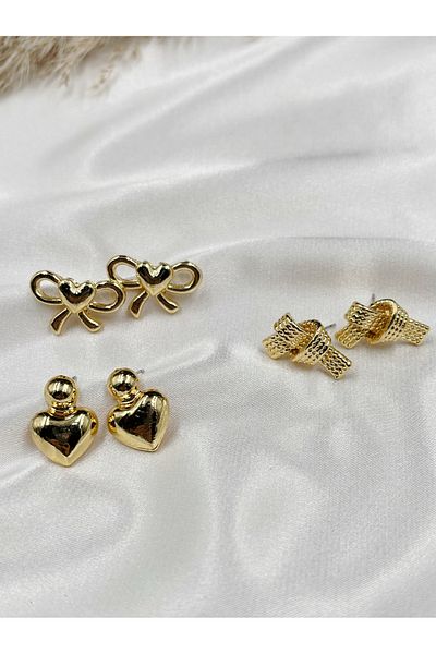 Eylülün Takısı Women's Gold Color 3 Pairs Design Earrings Set