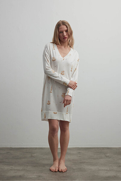 Hays Kadın Pamuklu V Yaka Uzun Kollu Cepli Gecelik