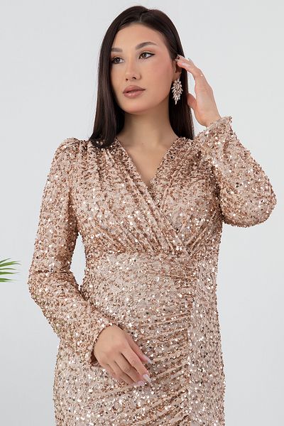 PULLIMM Double Breasted Collar Long Sleeve Sequin Dress Ecr5393