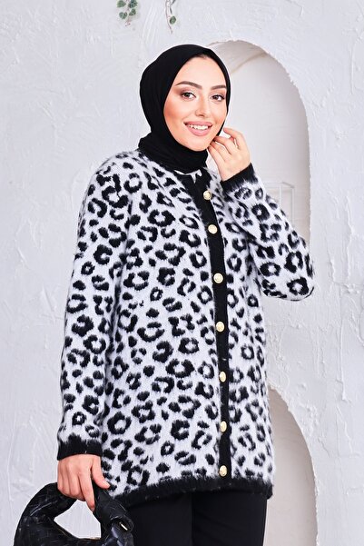 winter club Cardigan lung cu imprimeu leopard negru pentru femei, 100% mătase