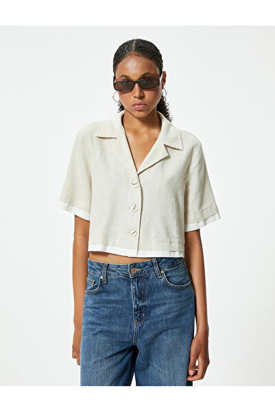 Koton Crop Gömlek Oversize Düğmeli Kısa Kollu Devrik Yaka Keten Karışımlı