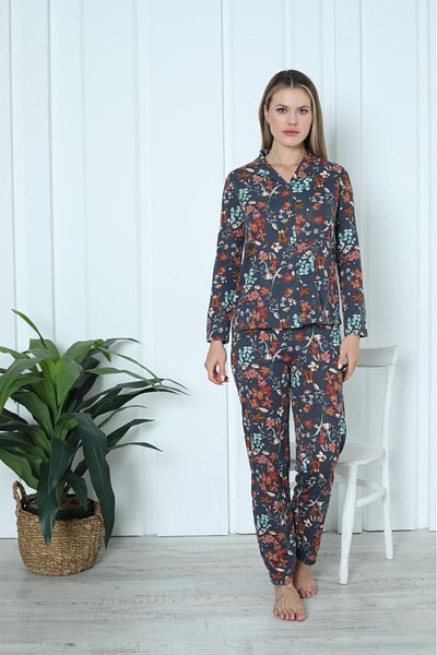 ERDENİZ TEKSTİL Set pijama de damă din bumbac / cu mânecă lungă, cu nasturi în față