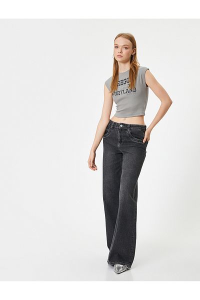 Koton College Printed Crop T-Shirt - Crew Neck, Slim Fit, Cotton