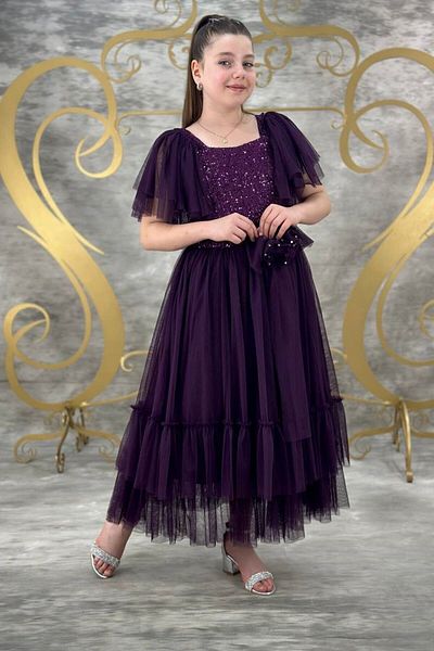 ABİYEKİDS 10-14 Years Girl's Tulle Evening Dress - Plum Sequined, Waiterboy ABY154