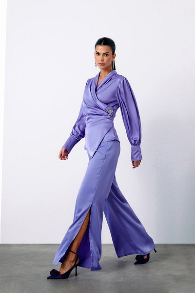 Sateen Lila Double Breasted Blouse with Brooch